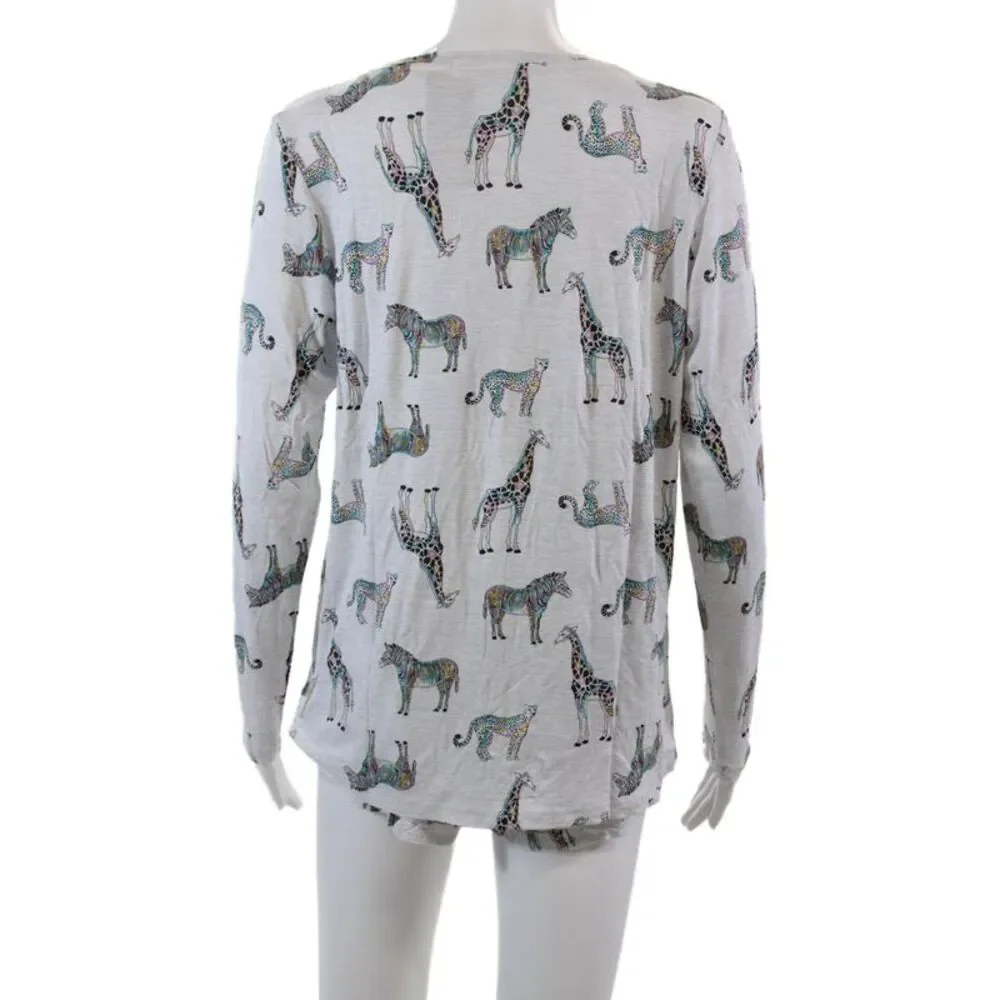 Emerson Road Womens Ruffled Giraffe Print Long Sleeve Pajama Set Gray Size S